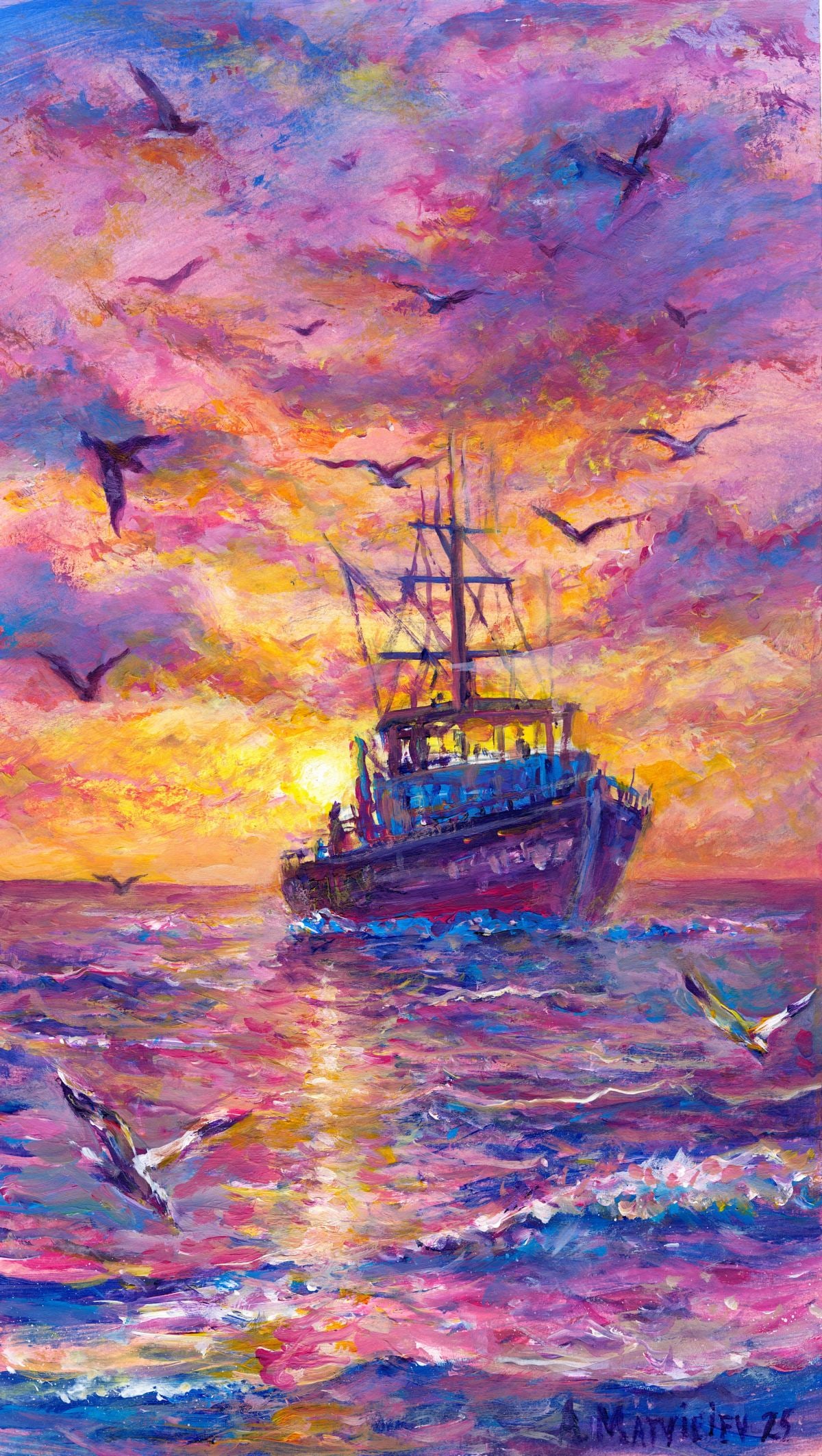 Andriy Matveev (Ukraine,b 1988) oil painting: ARTIST: Andriy Matveev (Ukrainian, born 1988) TITLE: Sunset Seascape with Boat MEDIUM: oil on heavy paper CONDITION: Very good. No visible inpaint under UV light.