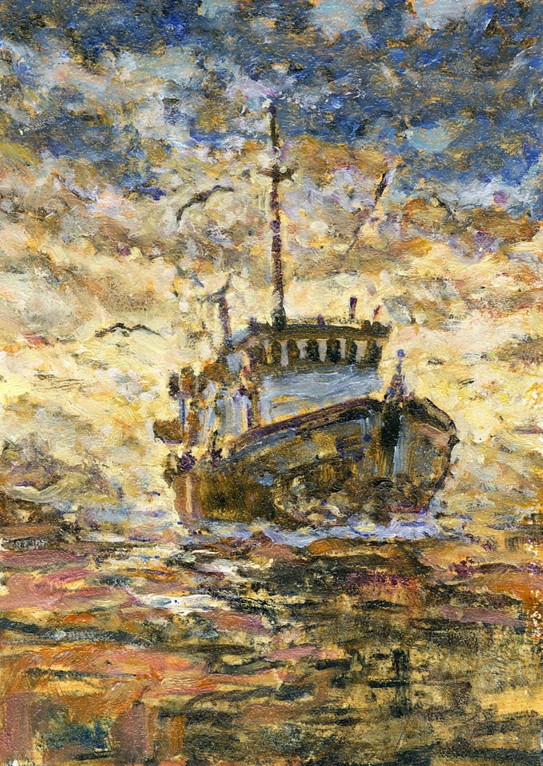 Vyacheslav Evsikov (Ukraine,b 1957) oil painting antique: ARTIST: Vyacheslav Sergeyevich Evsikov (Ukraine, born 1957) TITLE: Sunset Seascape with Boat MEDIUM: oil on board CONDITION: Very good. No visible inpaint under UV light.