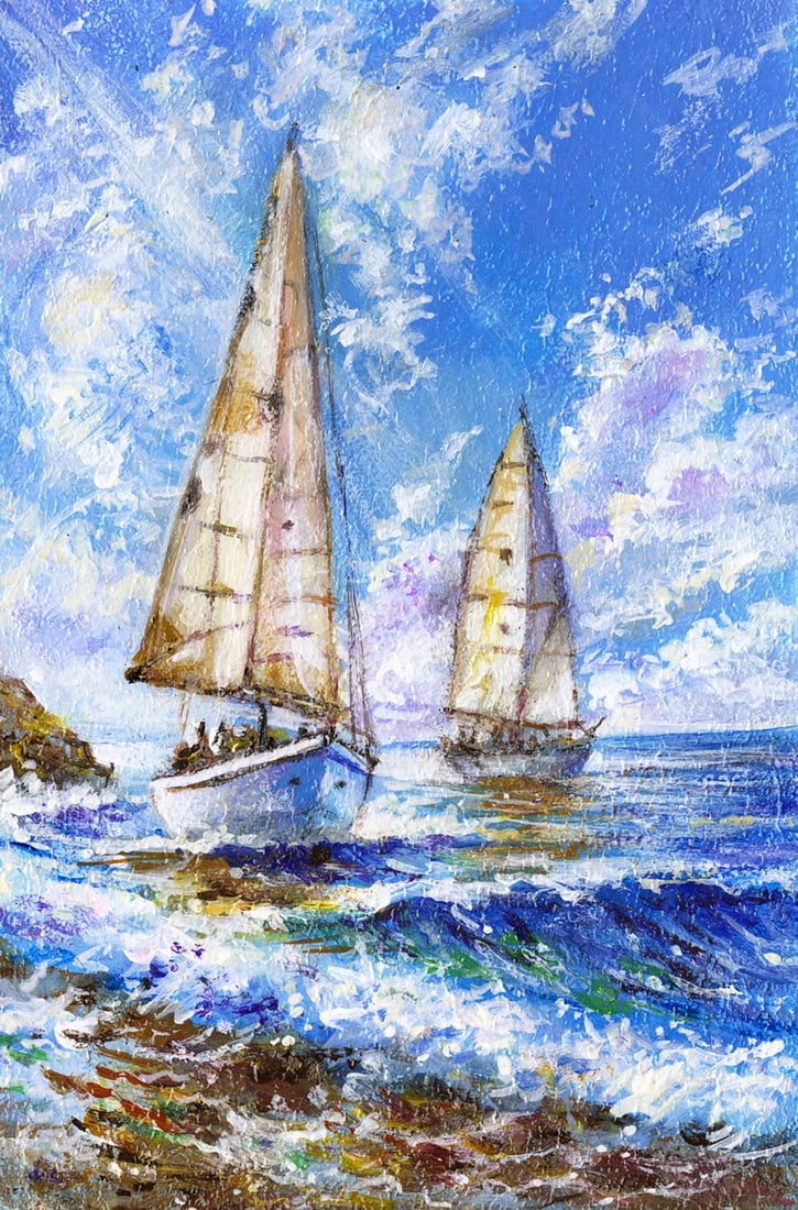 Vladimir Fenot (Ukraine,b 1970) oil painting antique: ARTIST: Vladimir Mikhailovich Fenot (Ukraine, born 1970) TITLE: Seascape with Sailboats MEDIUM: oil on board CONDITION: Very good. No visible inpaint under UV light.