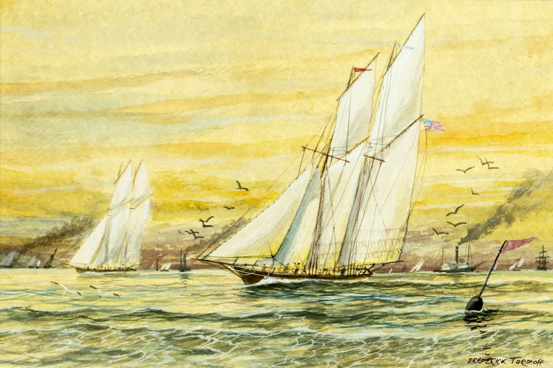 Frederick Tordoff (NJ,UK,1939-2022) watercolor painting: ARTIST: Frederick Tordoff (New Jersey, United Kingdom, 1939 - 2022) TITLE: Americas Cup Yacht Racing - Off the Isle of Wight (titled on verso) MEDIUM: watercolor on paper CONDITION