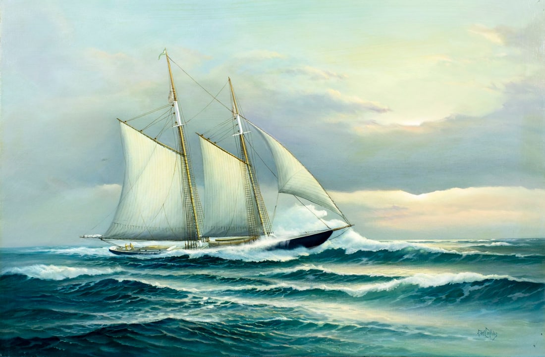 Earl Collins (CT,NY,1925-1992) oil painting: ARTIST: Earl Edward Collins (Connecticut, New York, 1925 - 1992) TITLE: Seascape with Sail Ship MEDIUM: oil on canvas CONDITION: Few small scratches/paint losses. Very minor