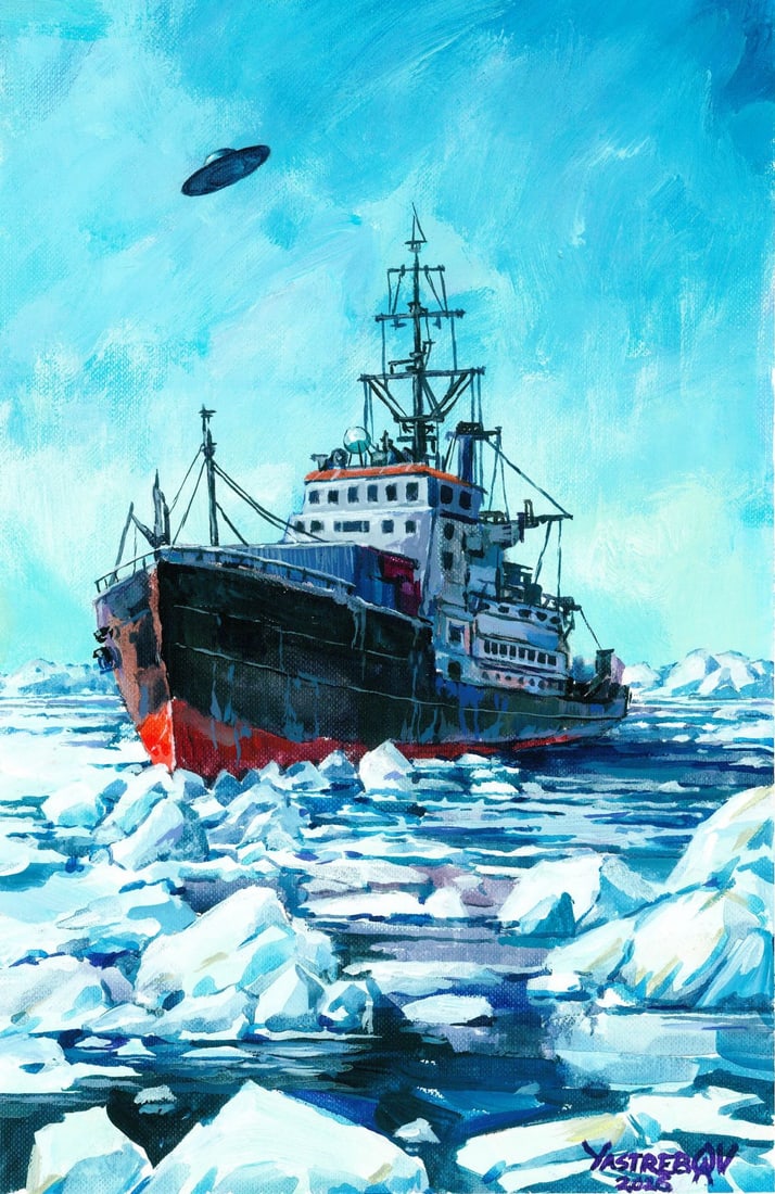 Aleksandr Yastrebov (Ukraine,b 1989) acrylic painting: ARTIST: Aleksandr Yastrebov (Ukrainian, born 1989) TITLE: Arctic Seascape with Icebreaker MEDIUM: acrylic on heavy paper CONDITION: Very good. ART SIZE: