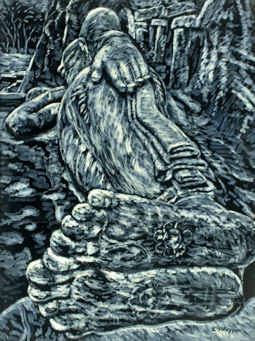 Evelyn Metzger (NY,Brazil,1911-2007) oil painting: ARTIST: Evelyn Borchard Metzger (New York, Brazilian, 1911 - 2007) TITLE: Reclining Buddha, Thailand MEDIUM: oil on board CONDITION: Some scratches mostly in the upper rig