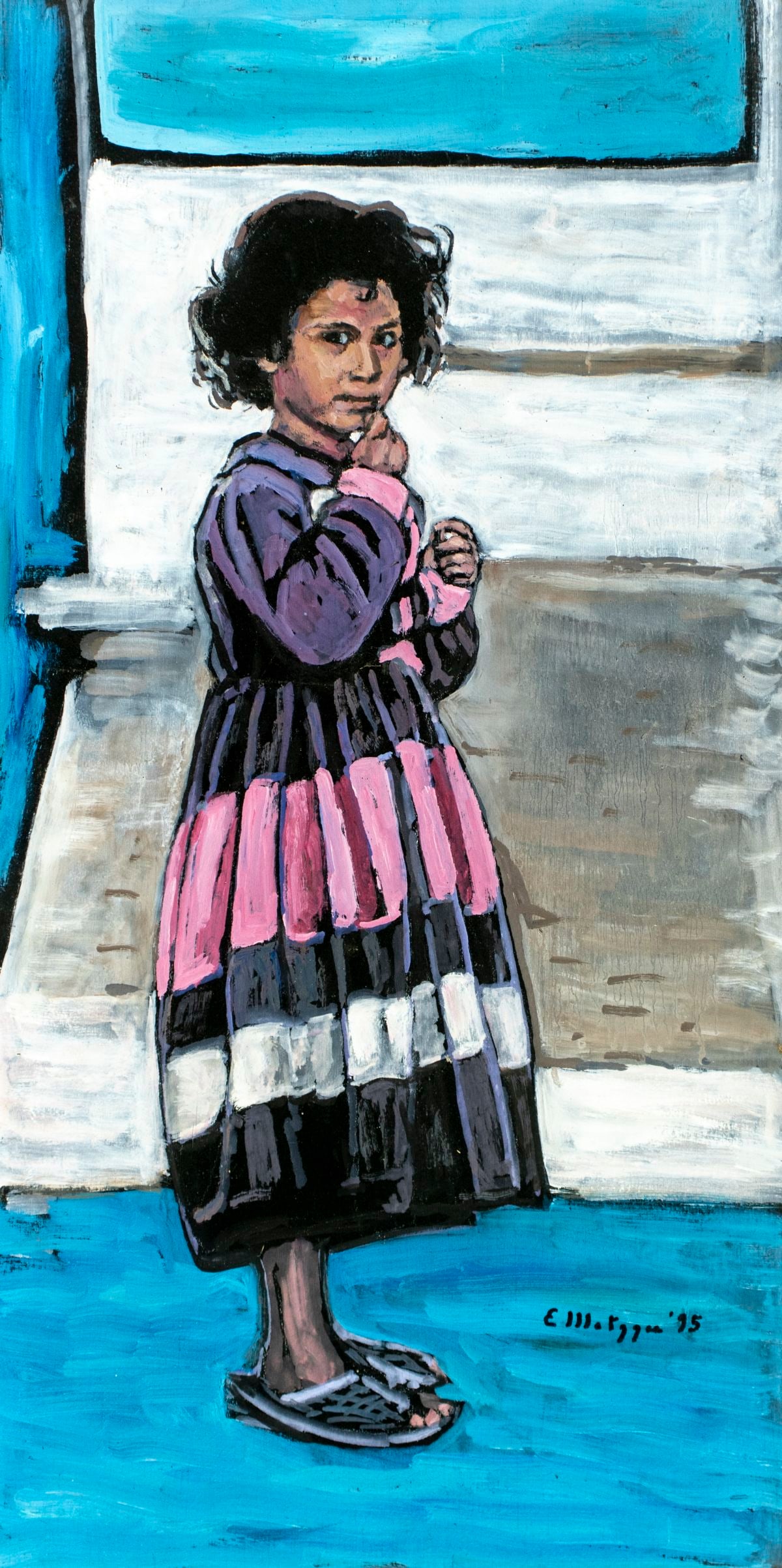 Evelyn Metzger (NY,Brazil,1911-2007) oil painting: ARTIST: Evelyn Borchard Metzger (New York, Brazilian, 1911 - 2007) TITLE: Moroccan Girl YEAR: 1995 MEDIUM: oil on board CONDITION: Few faint scratches mo
