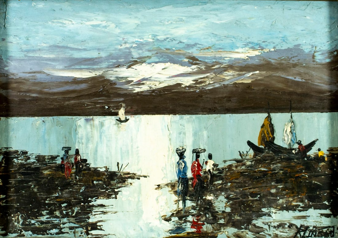 Vintage mid 20C African oil painting signed: ARTIST: - (Africa, mid 20 century) TITLE: African Coastal Landscape MEDIUM: oil on board CONDITION: Some paint losses. No visible inpaint under UV light. Some damages to fra