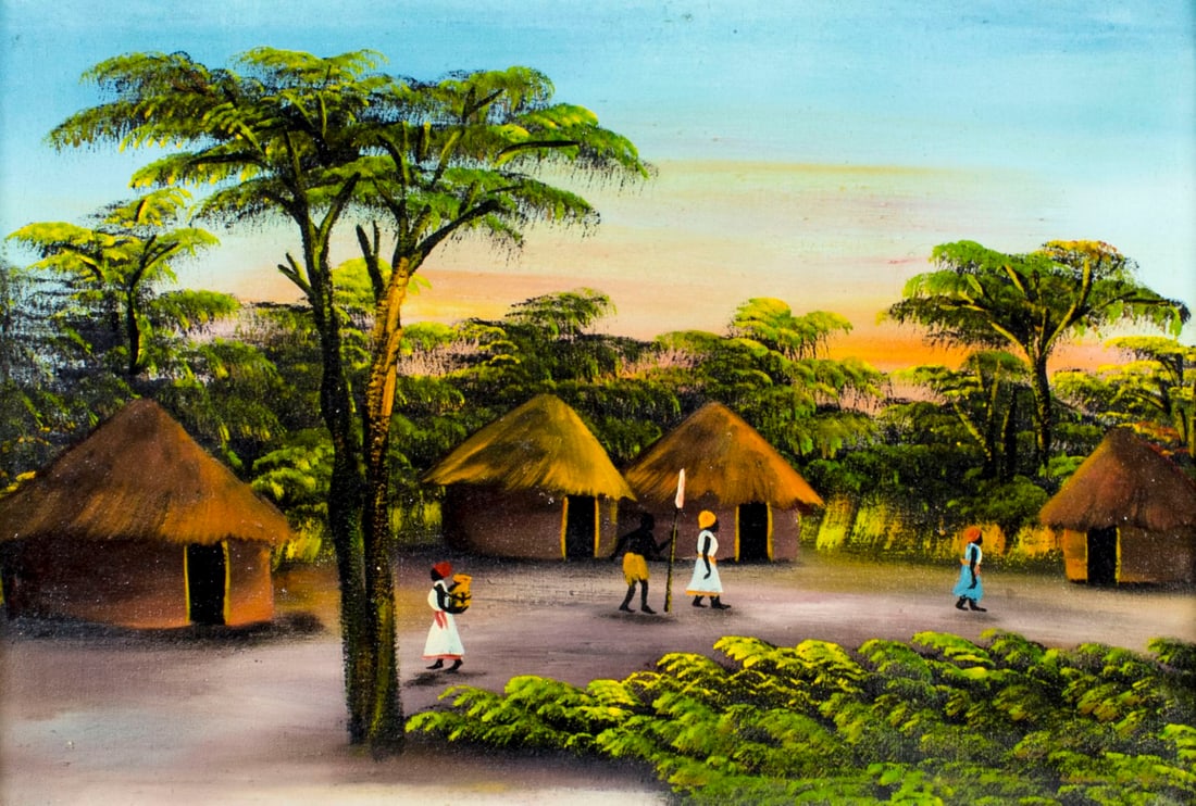 Vintage 20C African oil painting: ARTIST: - (Haiti, 20 century) TITLE: African Village Scene MEDIUM: oil on canvas CONDITION: Very good. No visible inpaint under UV light. ART SIZE: 16