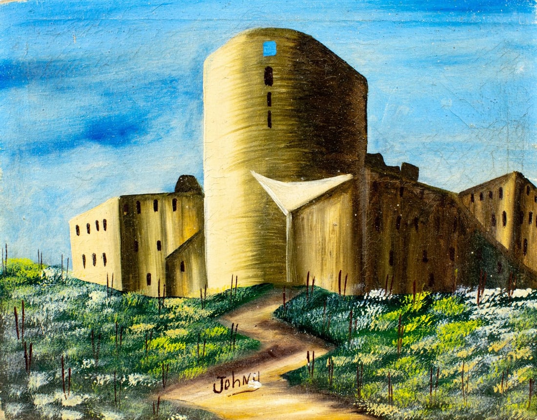 Johny (Haiti,20C) oil painting: ARTIST: Johny (Haitian, 20 century) TITLE: Haitian Landscape MEDIUM: oil on canvas CONDITION: Few small paint losses. Some craquelure. No visible inpaint under UV light. Nor