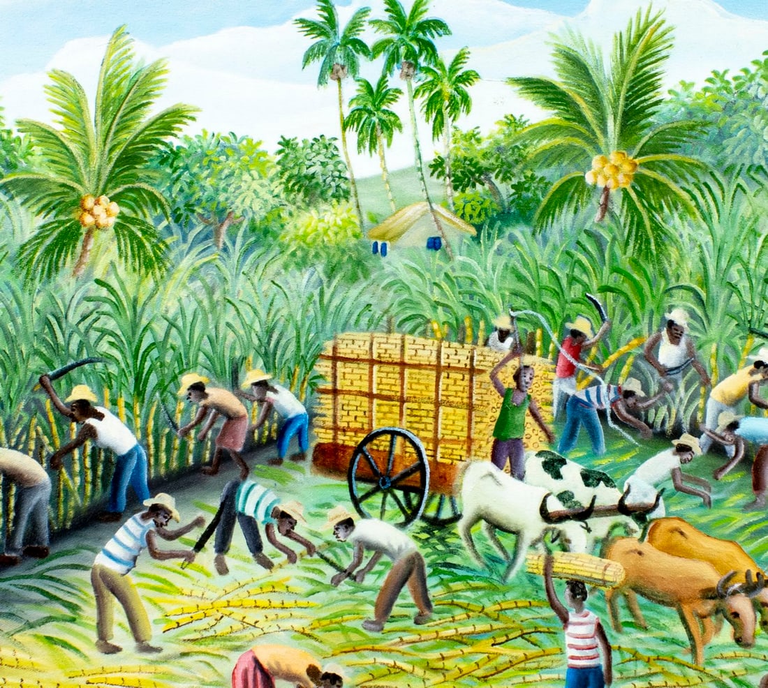 Rony Leonidas (Haiti,1946-2012) oil painting: ARTIST: Rony Leonidas (Haitian, 1946 - 2012) TITLE: Haitian Farm Landscape MEDIUM: oil on canvas CONDITION: Very good. No visible inpaint under UV light. Wear to frame.