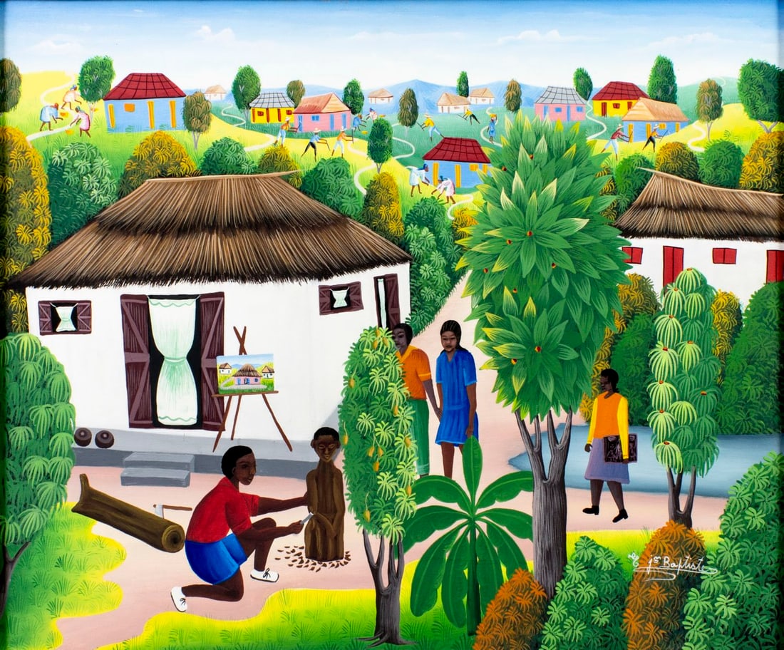 Jean Baptiste (Haiti,20C) oil painting: ARTIST: Jean Baptiste (Haitian, 20 century) TITLE: Haitian Village Landscape MEDIUM: oil on canvas CONDITION: Very good. No visible inpaint under UV light. Wear to frame.