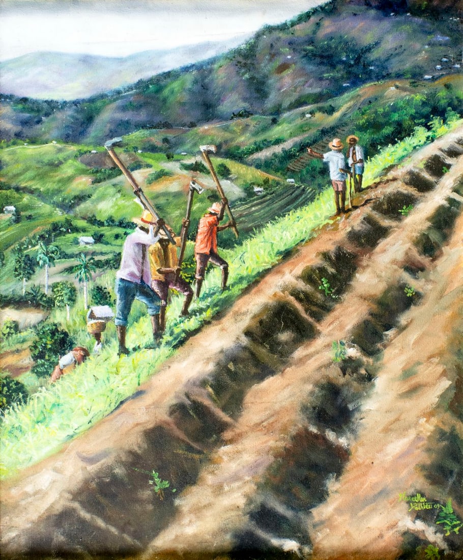 Marcellus Mathieu (Haiti,20/21C) oil painting: ARTIST: Marcellus Mathieu (Haitian, 20/21 centuries) TITLE: Haitian Farm Landscape YEAR: 2009 MEDIUM: oil on canvas CONDITION: Few minor scratches/paint