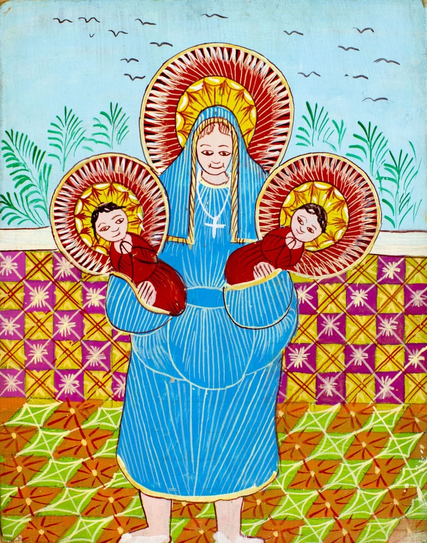Vintage 20C Haitian oil painting: ARTIST: - (Haiti, 20 century) TITLE: Haitian Religious Scene MEDIUM: oil on board CONDITION: Minor damages to corners. Few minor paint losses. No visible inpaint under UV