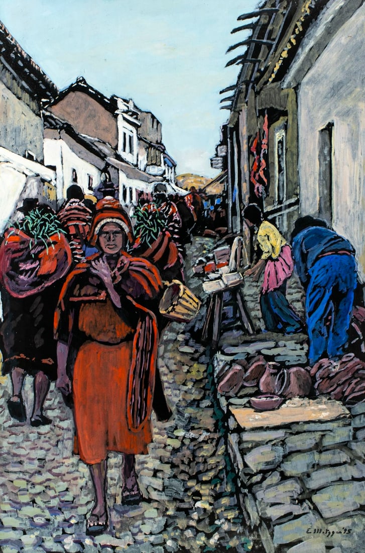 Evelyn Metzger (NY,Brazil,1911-2007) oil painting: ARTIST: Evelyn Borchard Metzger (New York, Brazilian, 1911 - 2007) TITLE: Boliwia (titled on verso) YEAR: 1995 MEDIUM: oil on board CONDITION: One smal