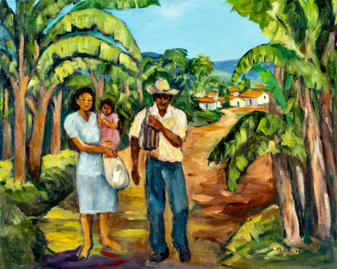 Vintage 20C South American oil painting signed: ARTIST: - (South America, 20 century) TITLE: Street Scene with Family YEAR: 1981 MEDIUM: oil on canvas CONDITION: Overall good. No visible inpaint unde