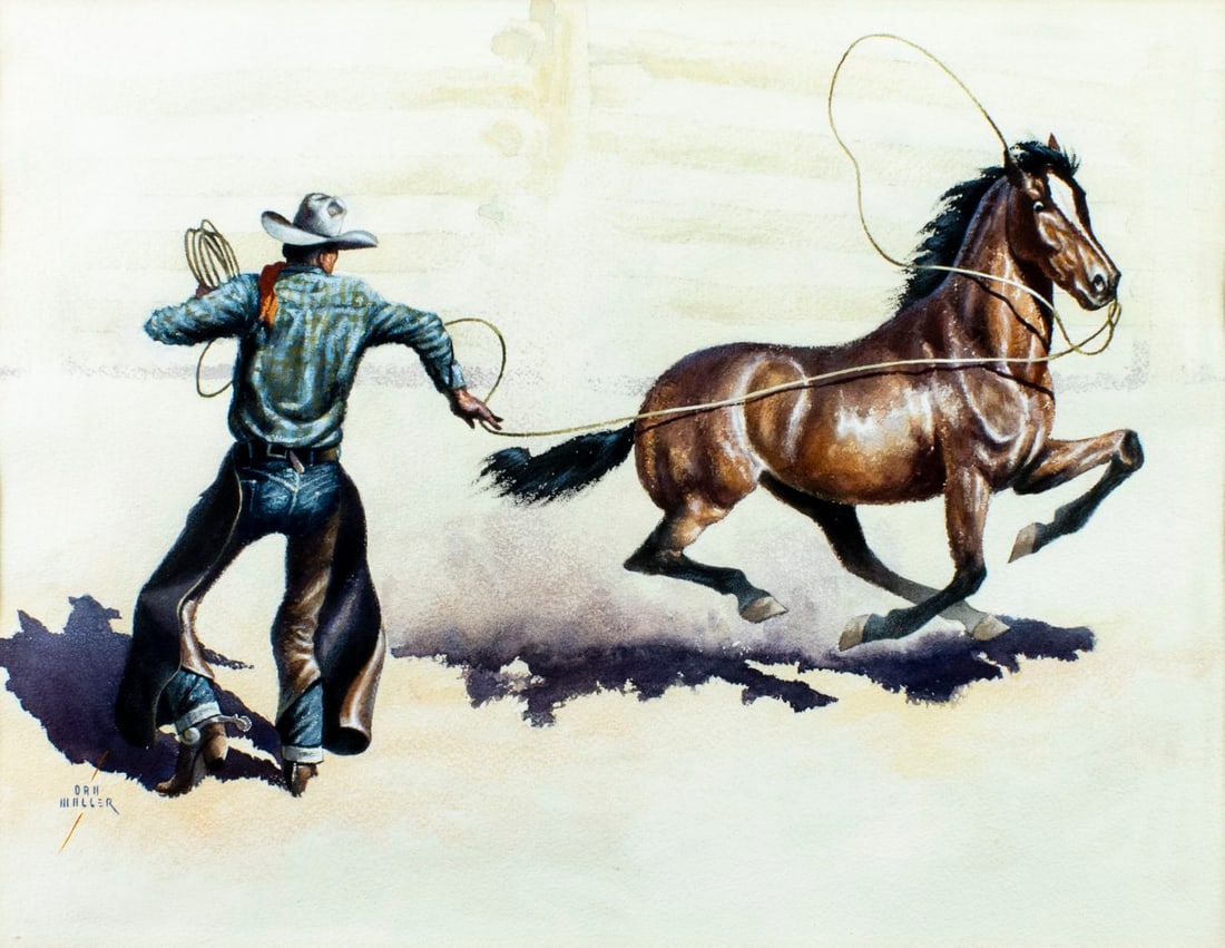 Dan Muller (MT,1889-1977) watercolor painting: ARTIST: Daniel Cody Muller (Montana, 1889 - 1977) TITLE: Cowboy Roping Horse MEDIUM: watercolor on paper CONDITION: Very good. Framed under glass. Wear to frame.