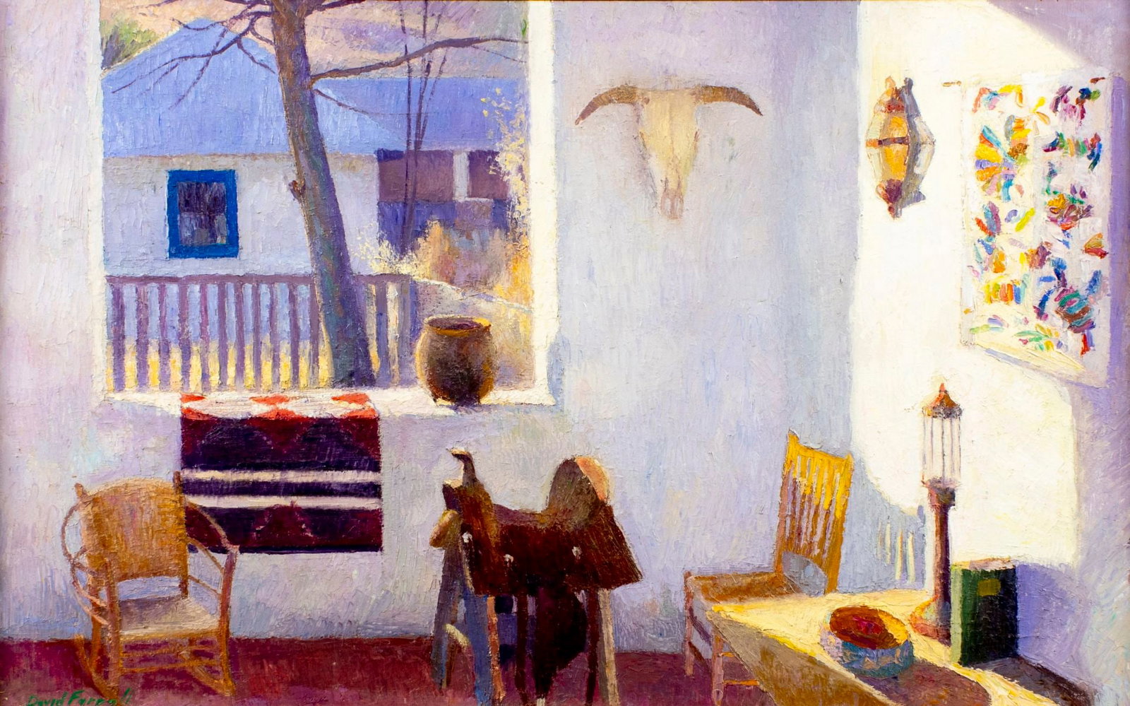 David W Farrell (FL,b 1950) oil painting: ARTIST: David W Farrell (Florida, born 1950) TITLE: Interior Scene with Saddle MEDIUM: oil on board CONDITION: Missing a few flakes of paint. No visible inpaint under UV lig