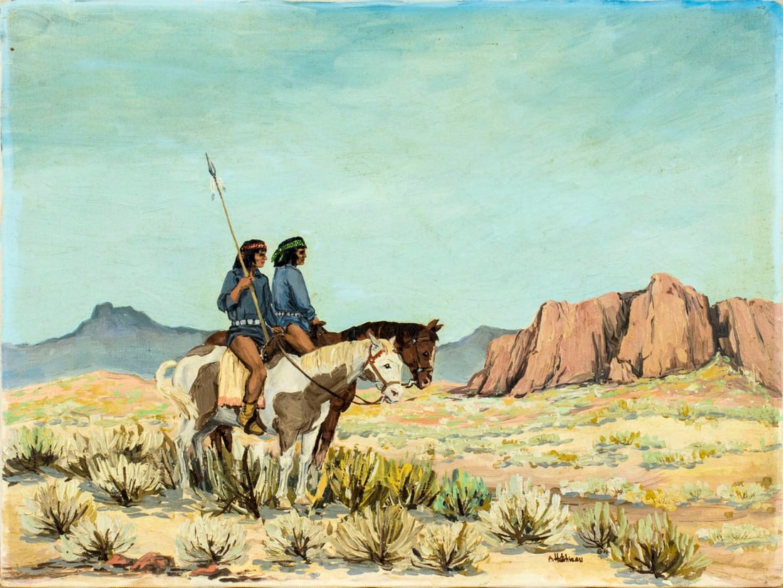 A Hutchison (US,20C) oil painting: ARTIST: A Hutchison (American, 20 century) NAME: Two Indian Men on Horses MEDIUM: oil on canvas CONDITION: Minor craquelure. No visible inpaint under UV light. SIGHT SIZE: 18 x 24 inches