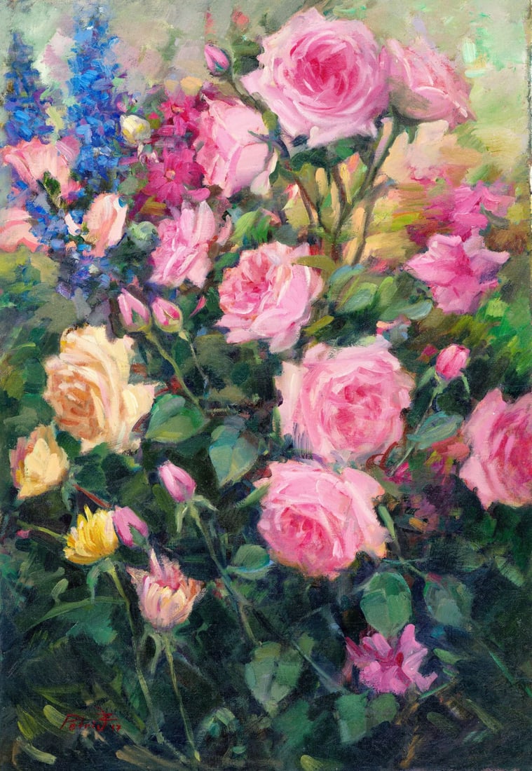 Zoriana Petriv (Ukraine,b 1994) oil painting: ARTIST: Zoriana Petriv (Ukraine, born 1994) TITLE: Still Life - Flower Garden (titled on verso) MEDIUM: oil on canvas CONDITION: Unstretched (In-House stretching available).