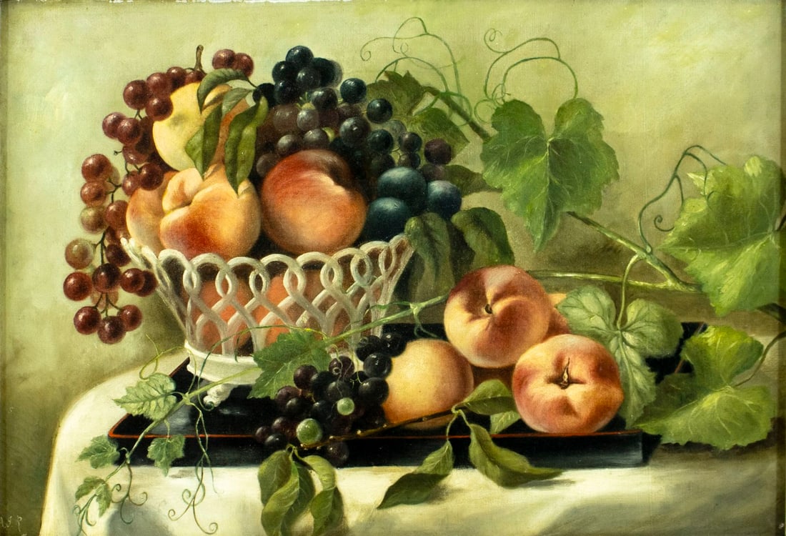 Antique 19C European oil painting: ARTIST: - (Europe, 19 century) TITLE: Still Life with Fruit YEAR: 1989 MEDIUM: oil on canvas CONDITION: Relined. Few repaired tears. Few small paint lo
