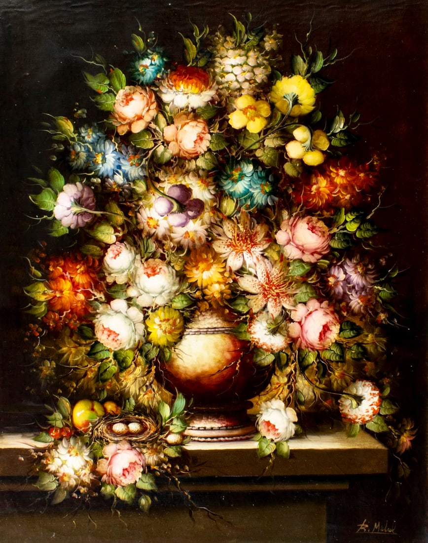 Roberto Michel (Spain,1944-?) oil painting: ARTIST: Roberto Michel (Spanish, 1944 - ???) TITLE: StillLife with Vase of Flowers MEDIUM: oil on canvas CONDITION: Unstretched (In-House stretching available) (In-House s