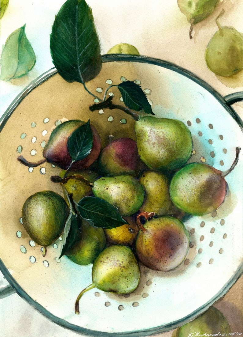 Katerina Zavgorodnya (Ukraine,20/21C) watercolor painting: ARTIST: Katerina Zavgorodnya (Ukraine, 20/21 centuries) TITLE: Still Life with Pears MEDIUM: watercolor on heavy paper CONDITION: Very good. ART SIZE: 16
