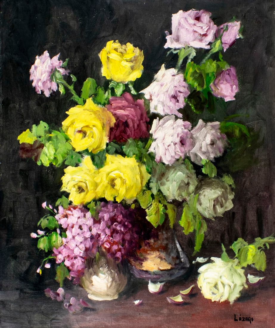 V Lazaro (Spain,1929-?) oil painting: ARTIST: V Lazaro (Spanish, 1929 - ???) TITLE: Still Life with Vases of Flowers MEDIUM: oil on canvas CONDITION: Unstretched (In-House stretching available) (In-House stret