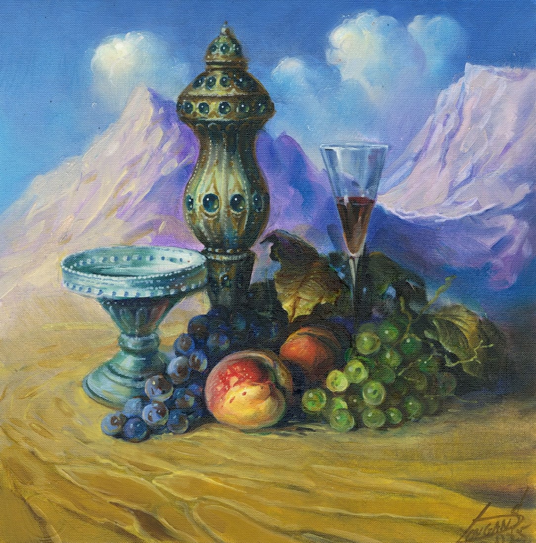 Sergey Dovgan (Ukraine,b 1976) oil painting: ARTIST: Sergey Dovgan (Ukrainian, born 1976) TITLE: Still Life with Fruits MEDIUM: oil on heavy paper CONDITION: Few small paint losses mostly along edges. No visible inpain