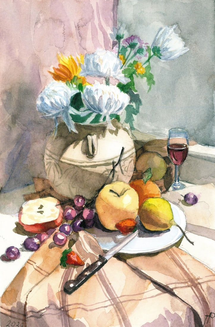 Olena Prishchep (Ukraine,20/21C) watercolor painting: ARTIST: Olena Prishchep (Ukrainian, 20/21 centuries) TITLE: Still Life with Vase of Flowers and Fruit MEDIUM: watercolor on heavy paper CONDITION: Very good. ART