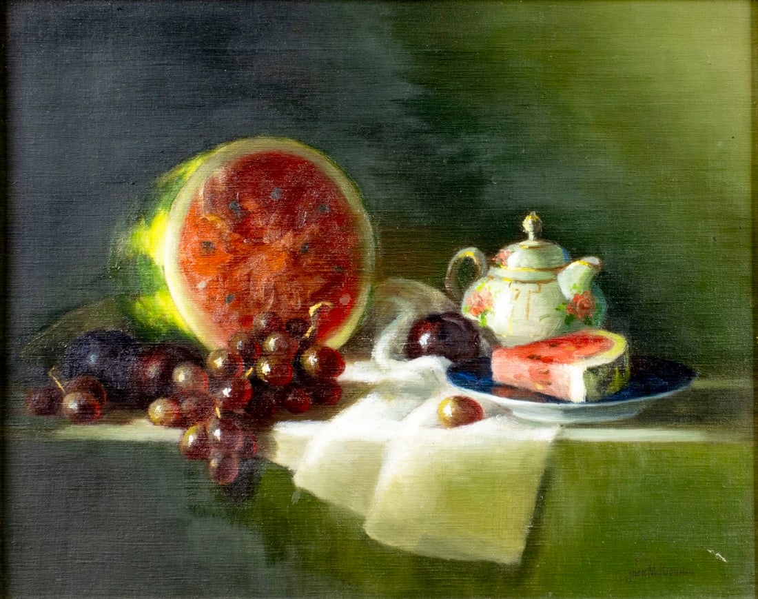 Jack McKiernan (US,20C) oil painting: ARTIST: Jack McKiernan (American, 20 century) TITLE: Still Life with Grapes and Watermelon MEDIUM: oil on canvas CONDITION: Few minor paint losses. Minor craquelure. No visi