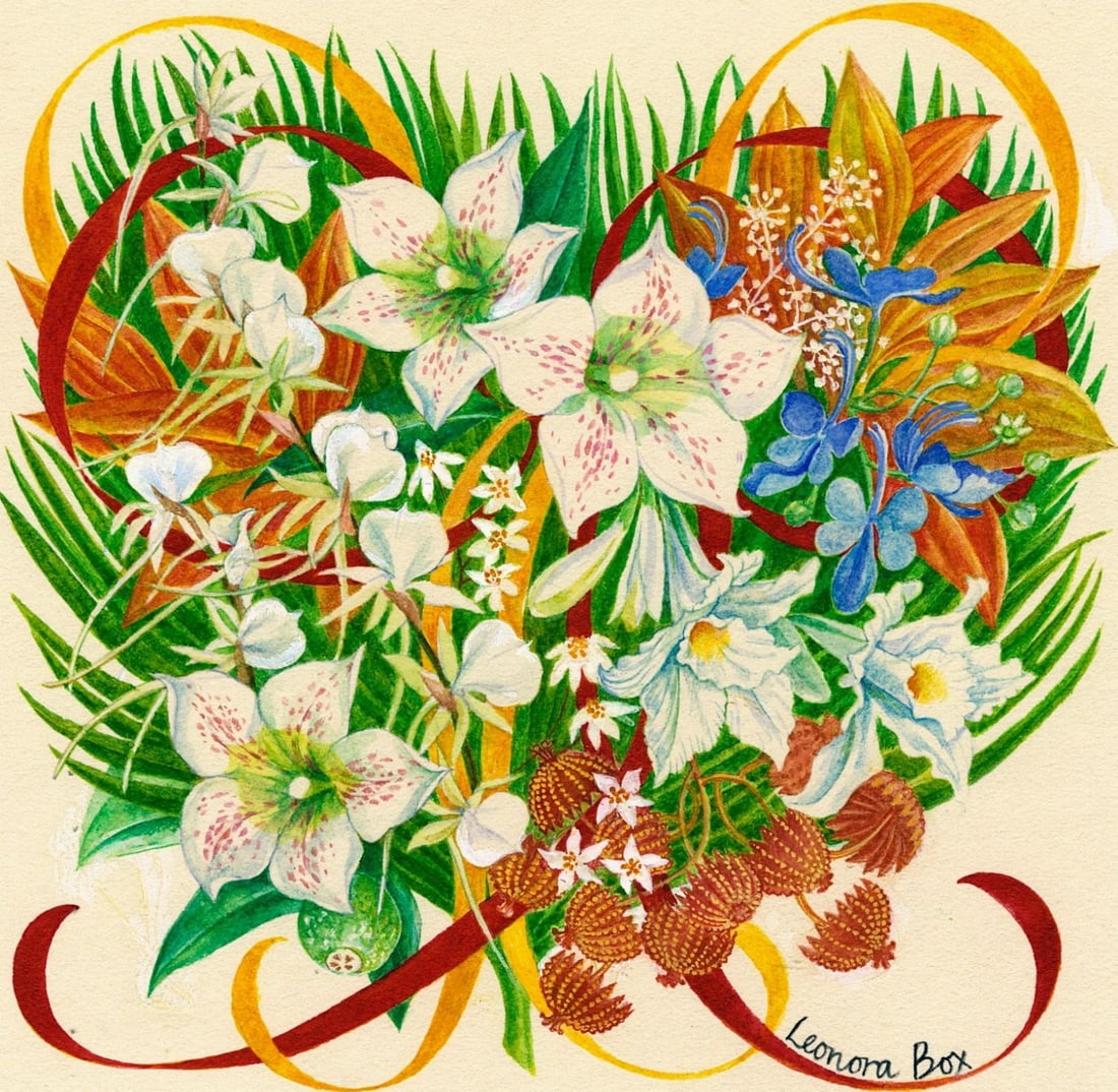 Leonora Box (UK,1936-?) watercolor painting: ARTIST: Leonora Box (United Kingdom, 1936 - ???) TITLE: Seychelles (titled on verso) YEAR: 1980 MEDIUM: watercolor on board CONDITION: Minor damages to