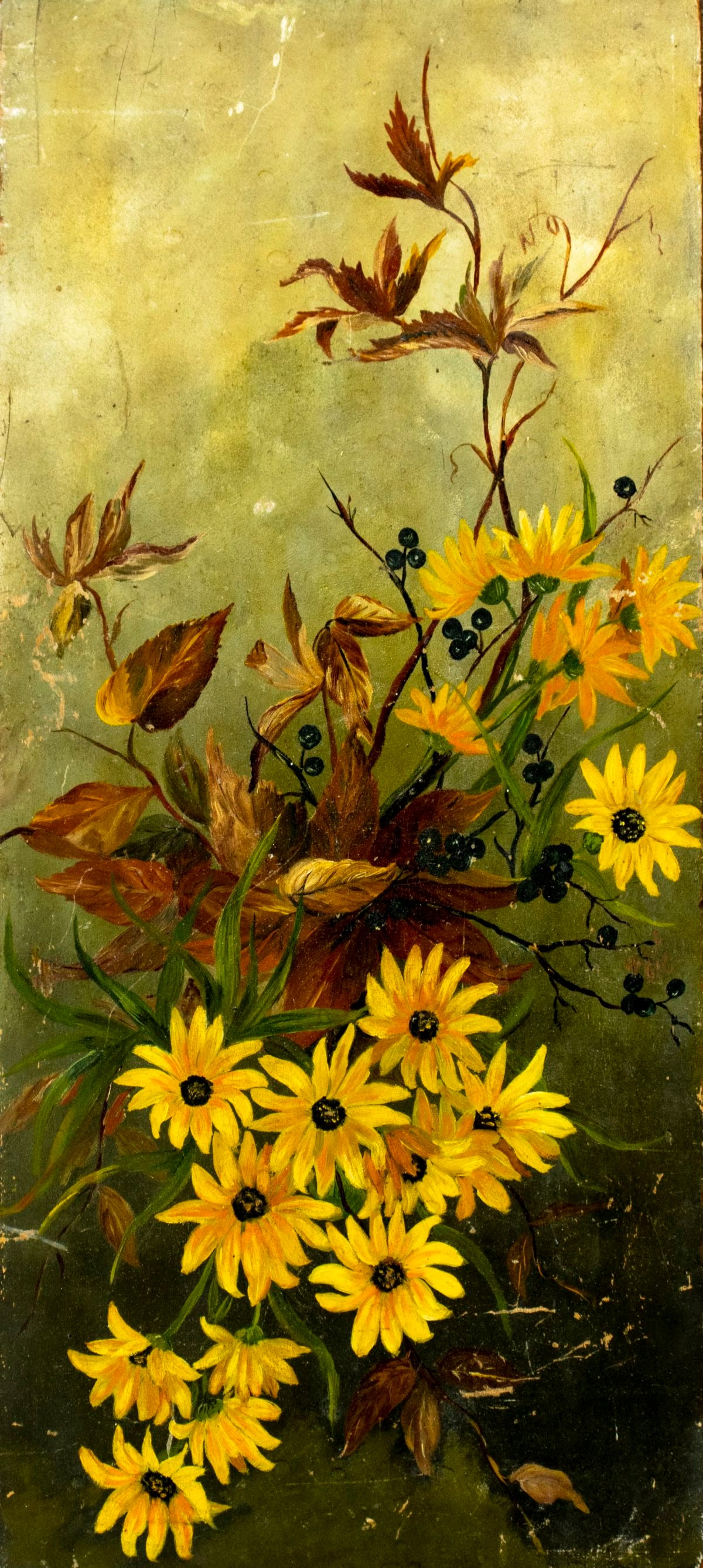 Antique early 20C American oil painting: ARTIST: - (American, early 20 century) TITLE: Still Life with Flowers MEDIUM: oil on board CONDITION: Slight warping. Some scratches/paint losses. No visible inpaint under