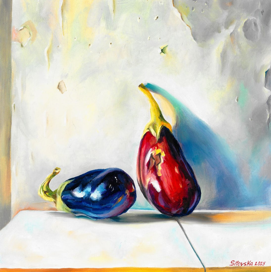 Anna Sitovska (Ukraine,20/21C) oil painting: ARTIST: Anna Sitovska (Ukrainian, 20/21 centuries) TITLE: Still Life with Eggplants MEDIUM: oil on heavy paper CONDITION: Very good. No visible inpaint under UV light.