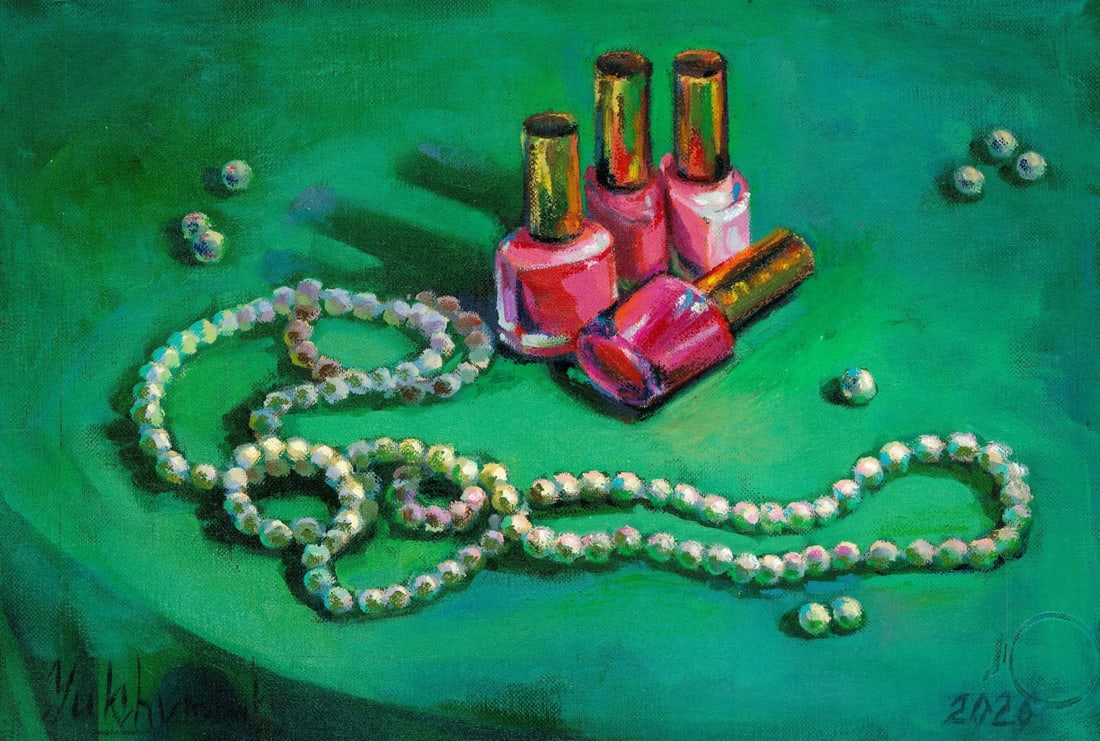Svetlana Yukhymiuk (Ukraine,20/21C) oil painting: ARTIST: Svetlana Yukhymiuk (Ukrainian, 20/21 centuries) TITLE: Still Life with Pearls and Nail Polish MEDIUM: oil on heavy paper CONDITION: Very good. No visible inpaint und
