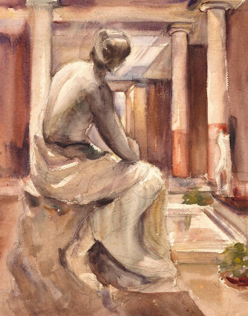 Charles Yeiser (NY,1925-2005) watercolor painting: ARTIST: Charles Yeiser (New York, 1925 - 2005) TITLE: Interior Scene with Statue MEDIUM: watercolor on heavy paper CONDITION: Some foxing. Some age toning. ART