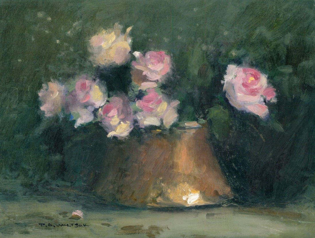 Robert Waltsak (NJ,b 1944) oil painting: ARTIST: Robert Alan Waltsak (New Jersey, born 1944) TITLE: Still Life with Vase of Roses MEDIUM: oil on board CONDITION: Minor scratches/paint losses. No visible inpaint und