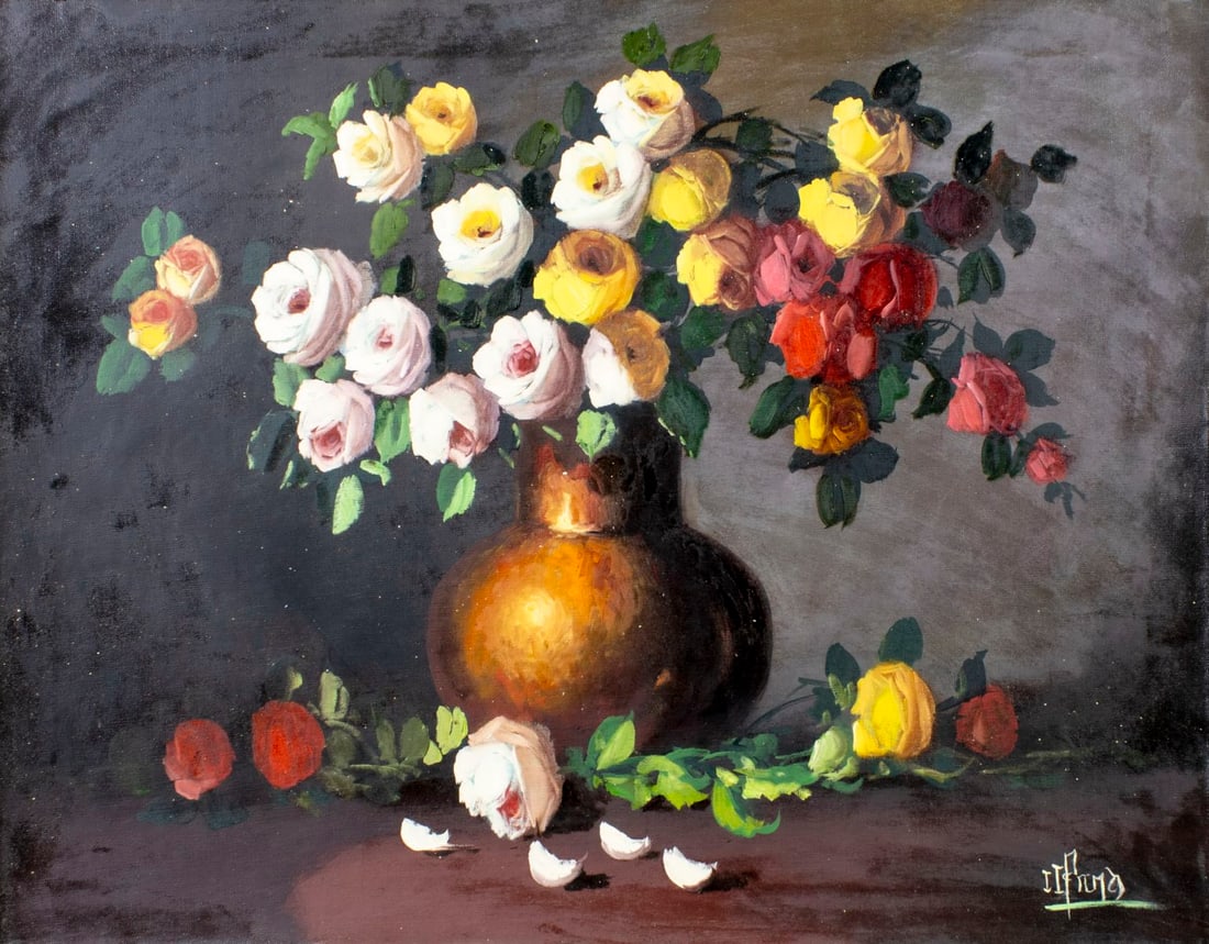 I Picero (Europe,20C) oil painting: ARTIST: I Picero (European, 20 century) TITLE: Still Life with Vase of Roses MEDIUM: oil on canvas CONDITION: Unstretched (In-House stretching available) (In-House stretchin