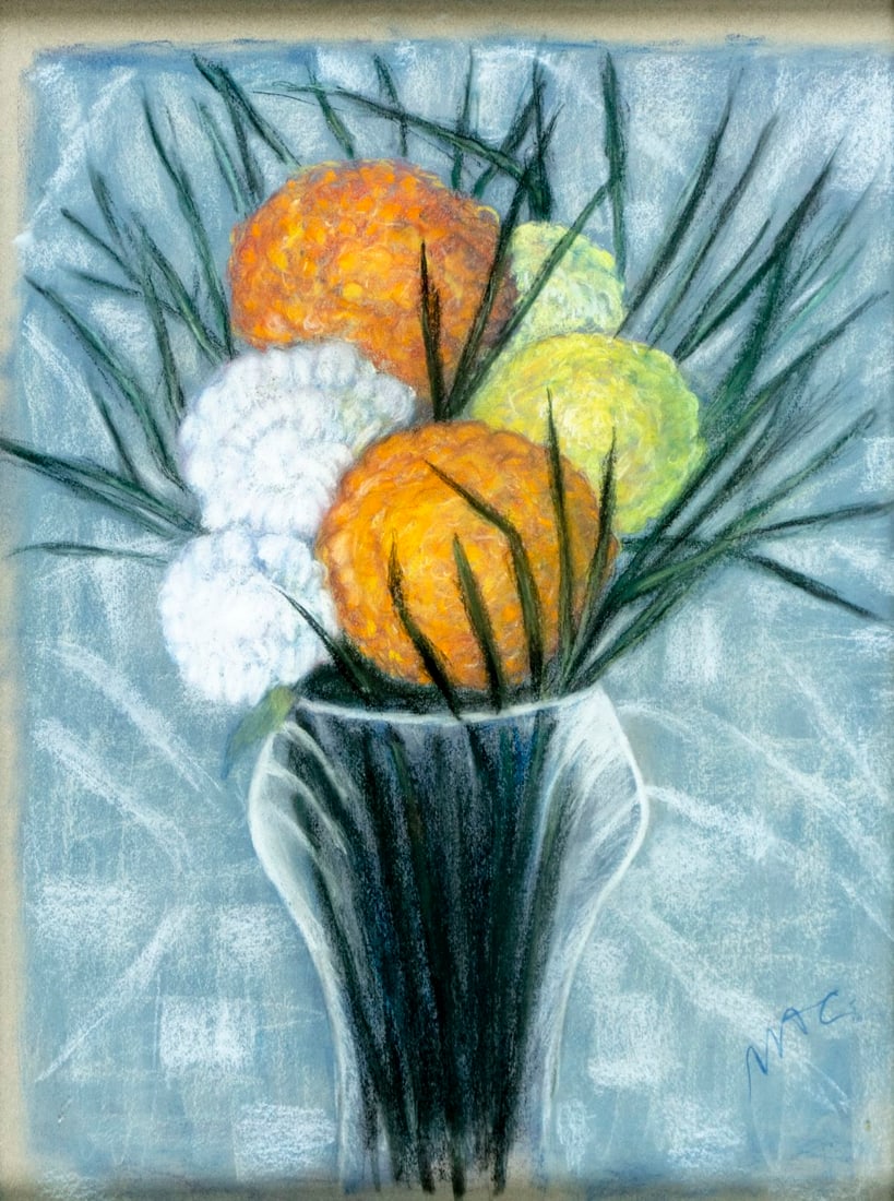 Mac (US,20/21C) pastel painting: ARTIST: Mac (American, 20/21 centuries) TITLE: Still Life with Vase of Flowers MEDIUM: pastel on paper CONDITION: Overall good. Framed under glass. Wear to frame.