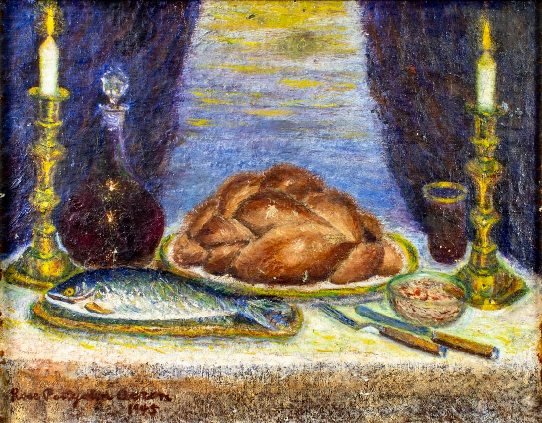 Rose Acron (US,mid 20C) oil painting antique: ARTIST: Rose P Acron (American, mid 20 century) TITLE: Tabletop Still Life YEAR: 1945 MEDIUM: oil on canvas CONDITION: One small patch. Some paint losses