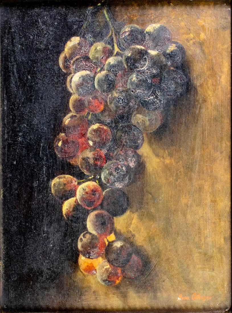 Rosa Calcagno (France,early 20C) oil painting: ARTIST: Rosa Calcagno (French, early 20 century) TITLE: Still Life with Grapes MEDIUM: oil on board CONDITION: Few small paint losses. Some craquelure. No visible inpaint un