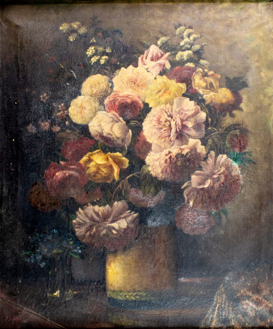 Rosa Calcagno (France,early 20C) oil painting antique: ARTIST: Rosa Calcagno (French, early 20 century) TITLE: Still Life with Vase of Flowers YEAR: 1912 MEDIUM: oil on canvas CONDITION: Relined. Some small s