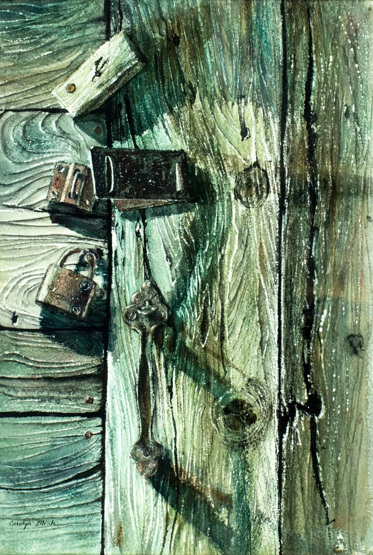 Carolyn Bullis Blish (DC,1928-?) watercolor painting: ARTIST: Carolyn Bullis Blish (District Of Columbia, 1928 - ???) TITLE: Rustic Barn Doors MEDIUM: watercolor on heavy paper CONDITION: Very good. Framed under glass. Wear t