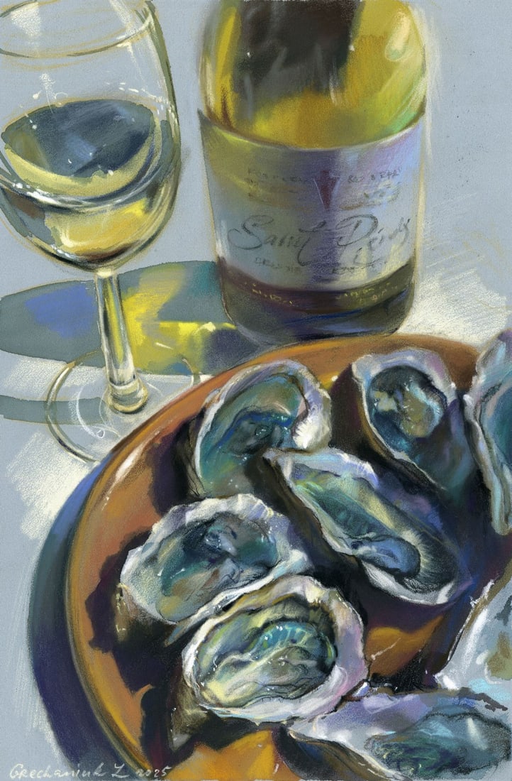 Zoya Grechanyuk (Ukraine,b 1977) pastel painting: ARTIST: Zoya Grechanyuk (Ukrainian, born 1977) TITLE: Still Life with Oysters and Wine MEDIUM: pastel on heavy paper CONDITION: Very good. ART SIZE: 12 x
