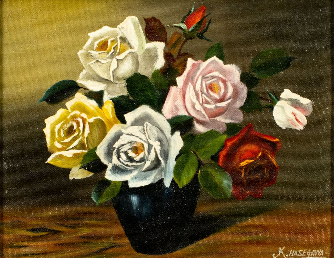 ATTRIB Kiyoshi Hasegawa (Japan,1891-1980) oil painting: ARTIST: ATTRIBUTED TO Kiyoshi Hasegawa (Japanese, 1891 - 1980) TITLE: Still Life with Vase of Roses MEDIUM: oil on board CONDITION: One small inpainting (1/2" x 1/2") by t