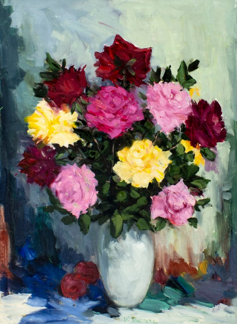V Dorsele (Europe,20C) oil painting: ARTIST: V Dorsele (European, 20 century) TITLE: Still Life with Vase of Roses MEDIUM: oil on canvas CONDITION: Unstretched (In-House stretching available) (In-House stretch