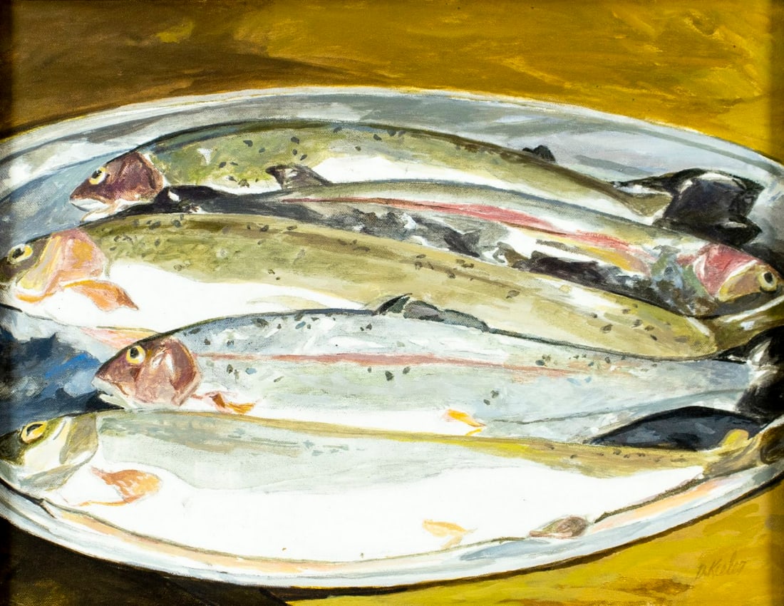 D Keeler (US,20C) oil painting: ARTIST: D Keeler (American, 20 century) TITLE: Still Life with Fish MEDIUM: oil on canvas CONDITION: Few very minor paint losses. No visible inpaint under UV light. Wear to
