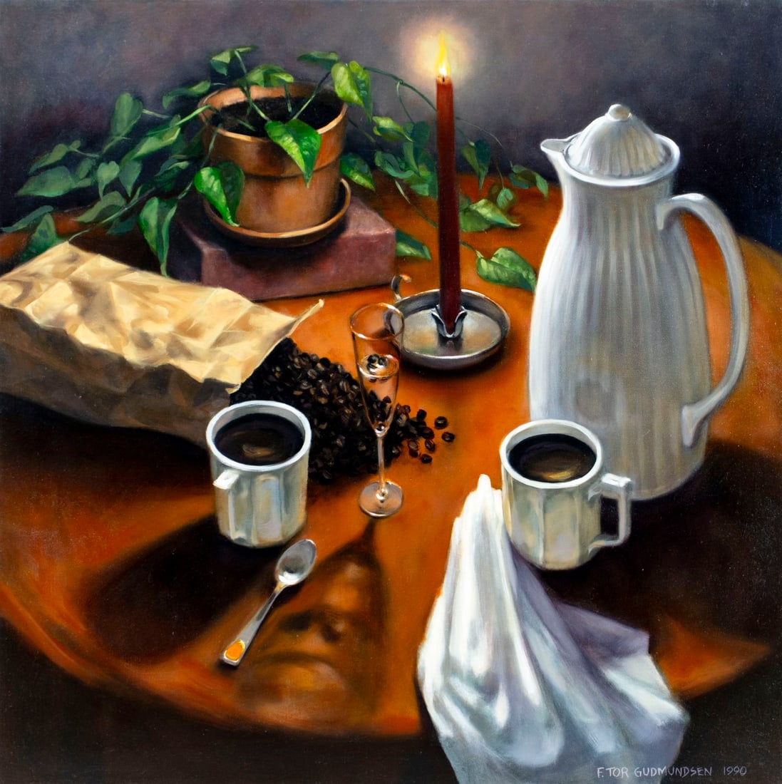 F Tor Gudmundsen (US,20C) oil painting: ARTIST: F Tor Gudmundsen (American, 20 century) TITLE: Tabletop Still Life YEAR: 1990 MEDIUM: oil on canvas CONDITION: Overall good. No visible inpaint u