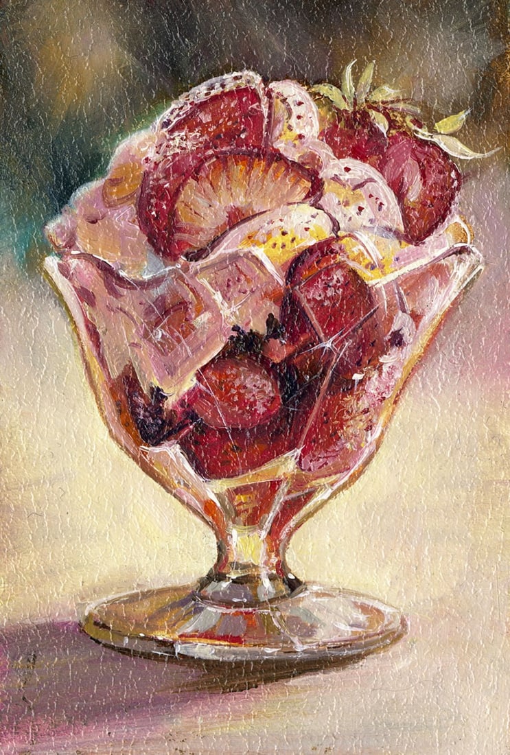 Sergey Kozachkin (Ukraine,b 1965) oil painting: ARTIST: Sergey Vasilievich Kozachkin (Ukrainian, born 1965) TITLE: Still Life with Strawberries MEDIUM: oil on board CONDITION: Very good. No visible inpaint under UV light.