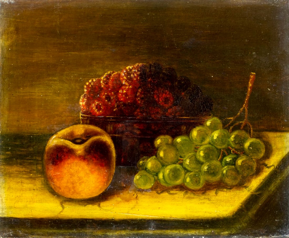 Antique early 20C American oil painting: ARTIST: - (American, early 20 century) TITLE: Still Life with Fruits MEDIUM: oil on canvas CONDITION: One patch. Few very minor paint losses. Very minor craquelure. Some s