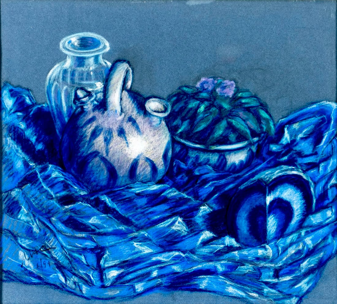 Mac (US,20/21C) pastel painting: ARTIST: Mac (American, 20/21 centuries) TITLE: Still Life with Vase and Flowerpot YEAR: 1994 MEDIUM: pastel on paper CONDITION: Overall good. Framed unde