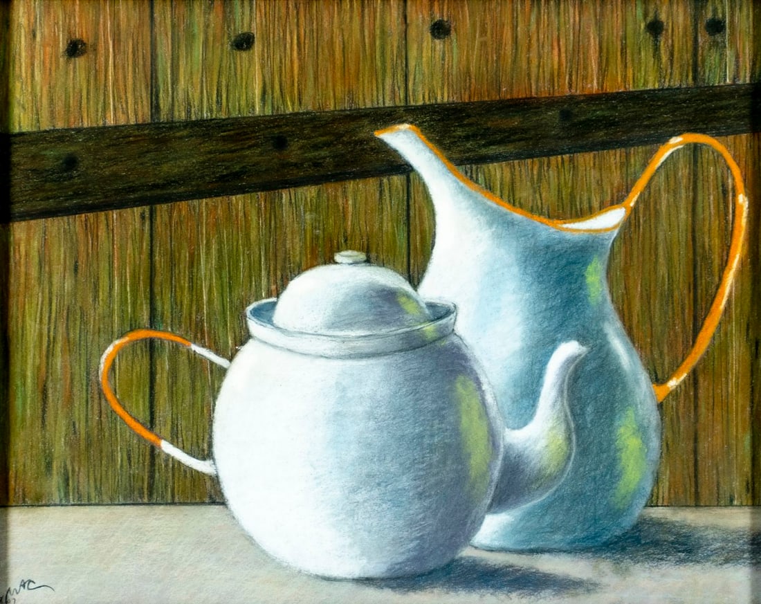 Mac (US,20/21C) pastel painting: ARTIST: Mac (American, 20/21 centuries) TITLE: Still Life with Teapot and Jug YEAR: 2007 MEDIUM: pastel on paper CONDITION: Overall good. Framed under gl