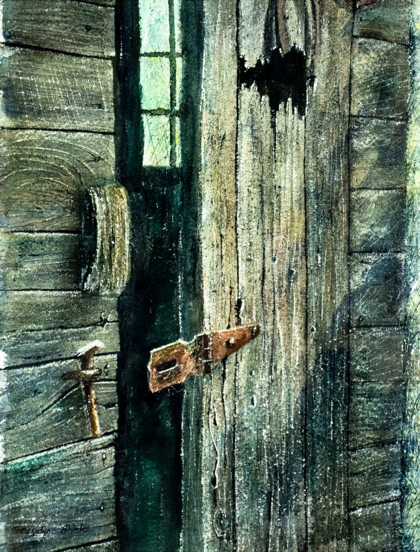 Carolyn Bullis Blish (DC,1928-?) watercolor painting: ARTIST: Carolyn Bullis Blish (District Of Columbia, 1928 - ???) TITLE: Rustic Barn Doors MEDIUM: watercolor on heavy paper CONDITION: Very good. Framed under glass. Wear t